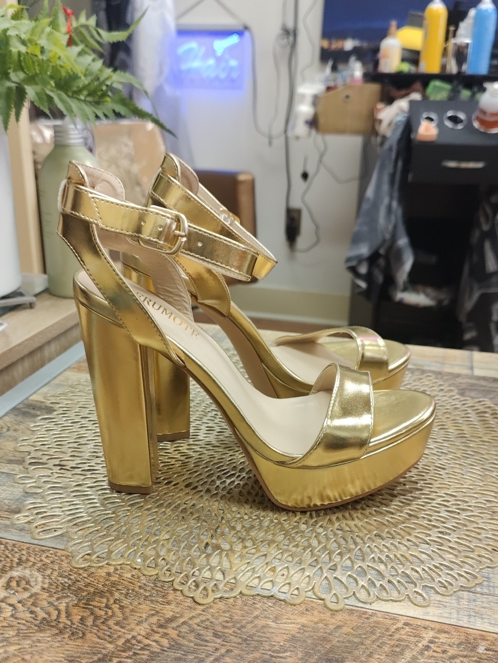 Metallic Gold Platform Block Heel Sandals with Ankle Strap